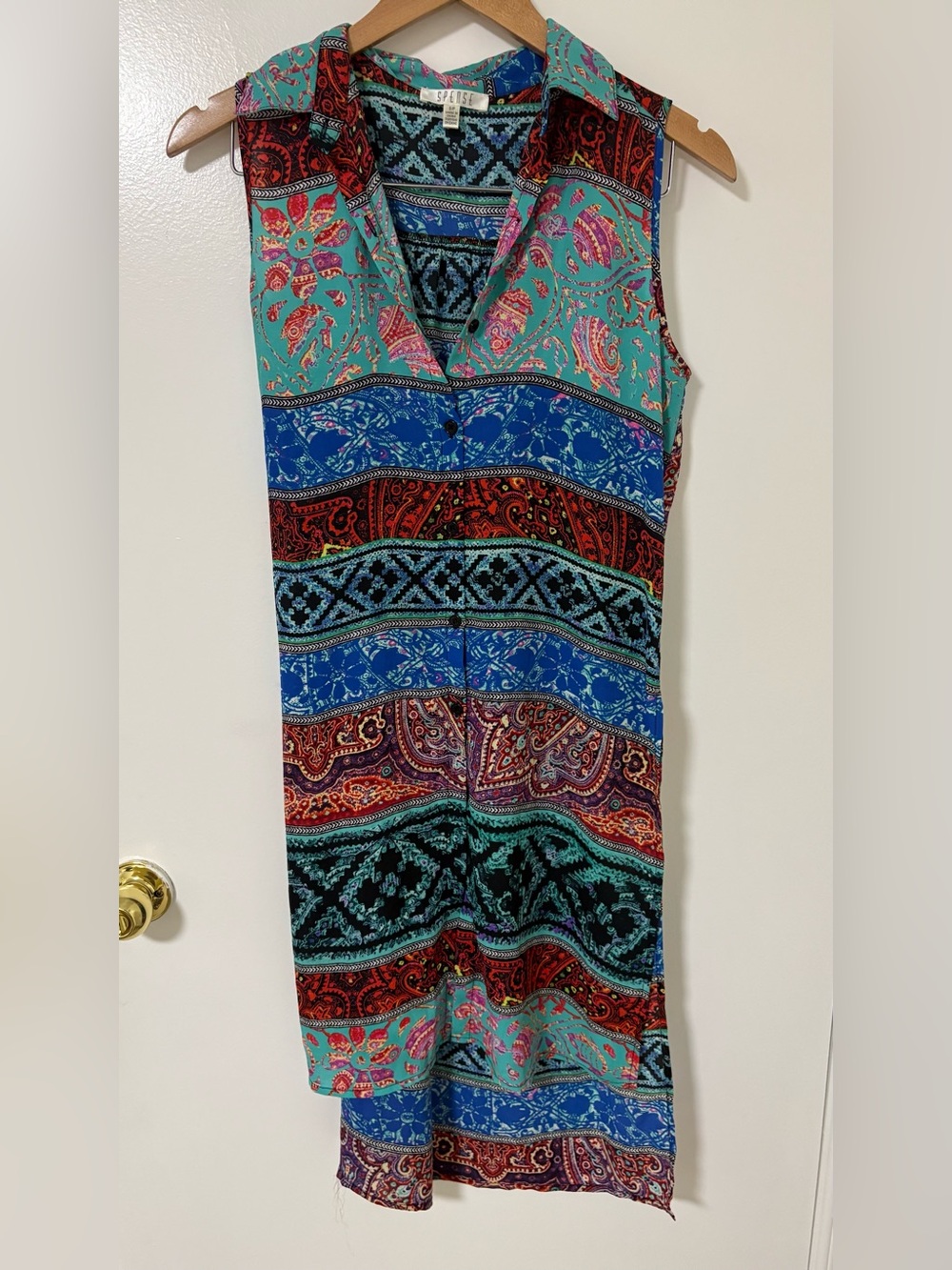 Spense Multicolor Paisley & Geometric Print Top in Teal, Blue & Red